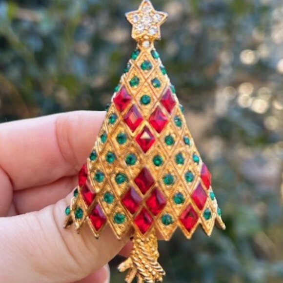 HOLIDAY🎄🎄EISENBERG ICE Gold Red/Green Swarovski Crystal Tree BROOCH - Picture 2 of 8